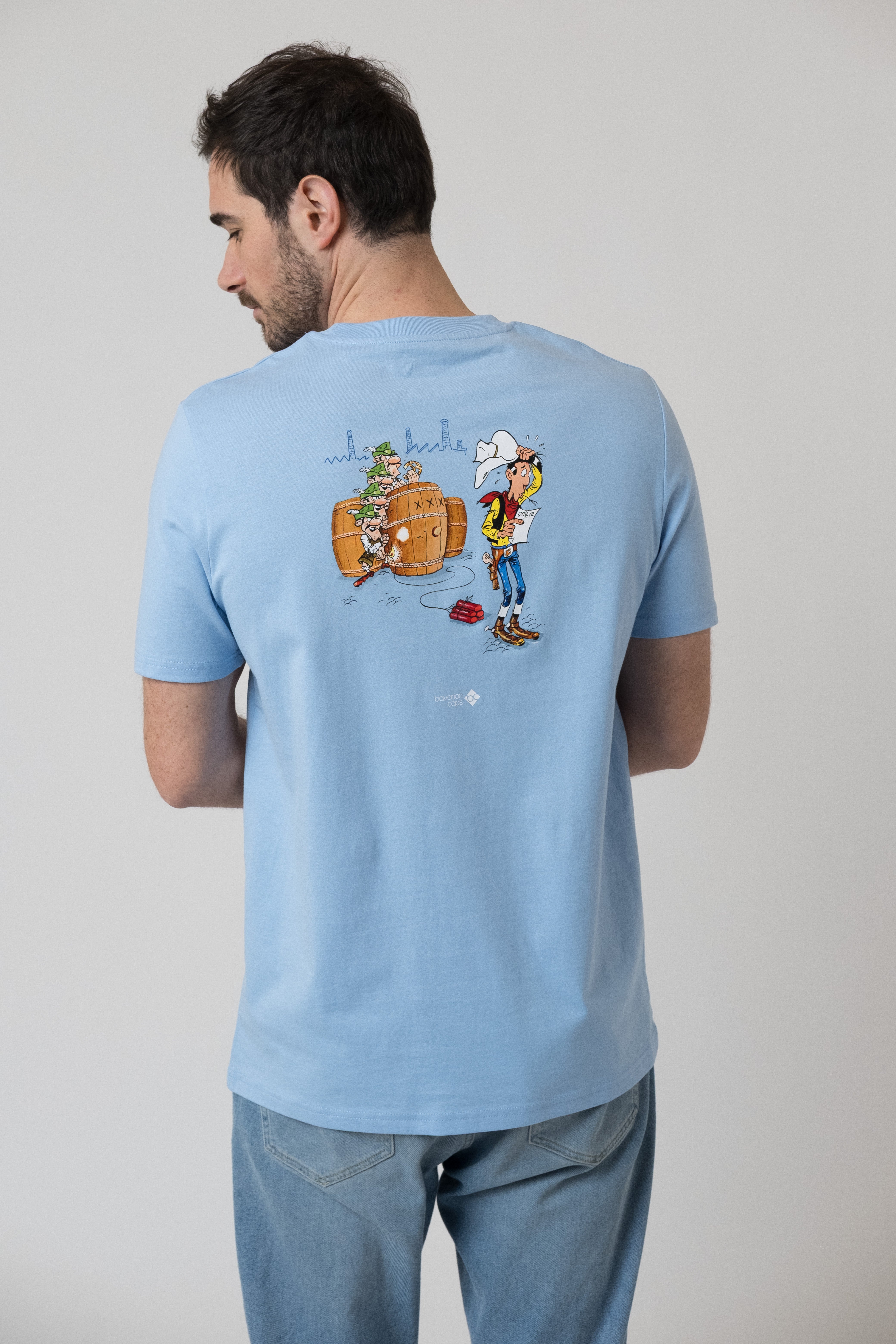 T-Shirt "Lucky Luke: Bierfässer" - hellblau