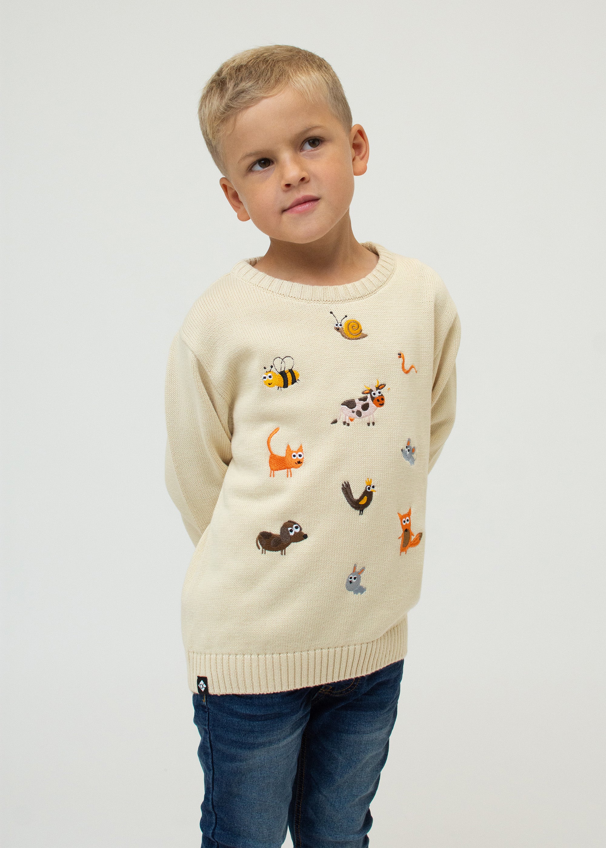 Strickpulli "Tierfest" - beige (Kinder)